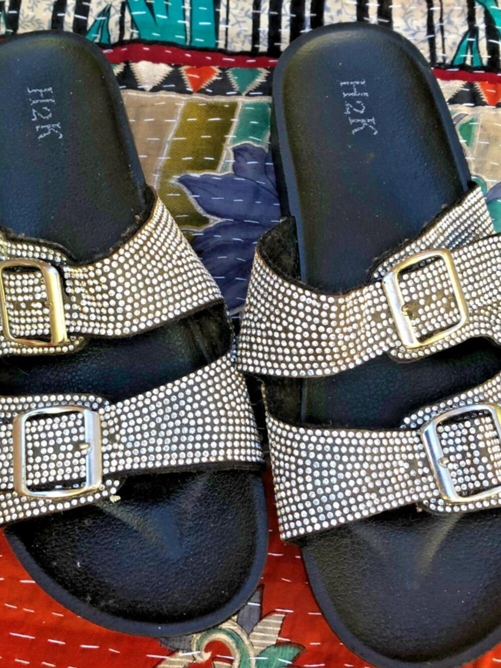 H2K silver rhinestone Double Buckle Adjustable Comfort Slip On Slides Sandal 9
